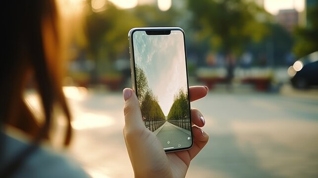 Hand taking photo with smartphone outside AI generated image