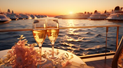glasses of champagne or a drink close-up on a luxury yacht on the eve of a romantic dinner, the...