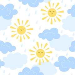 Seamless pattern with sun and clouds in cartoon style