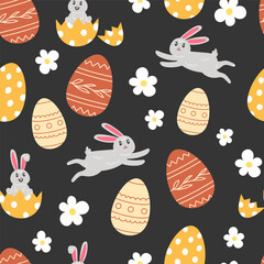 Seamless pattern of Easter bunnies, flowers and painted eggs in cartoon style - obrazy, fototapety, plakaty