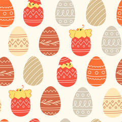 Seamless pattern of chickens and easter eggs in cartoon style - obrazy, fototapety, plakaty