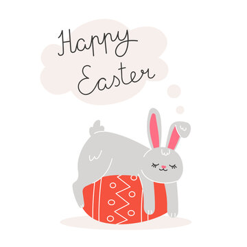 Easter illustration with rabbit and painted eggs for the holiday in cartoon style