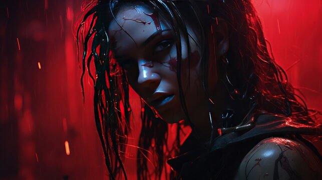 Futuristic ninja girl with red light wet hair in the background AI generated image