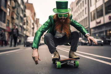 Bearded man in a green St. Patrick's Day outfit skateboarding down a city street - obrazy, fototapety, plakaty