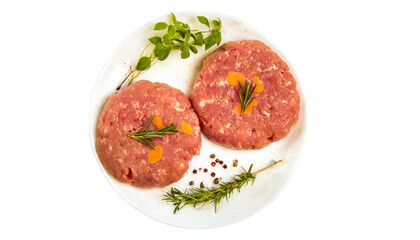 Raw minced beef meat for burgers on a white plate isolated on a transparent background.
