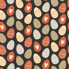 Seamless pattern of Easter eggs in cartoon style on a dark background