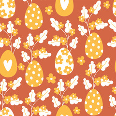 Seamless pattern of flowers and easter eggs in cartoon style