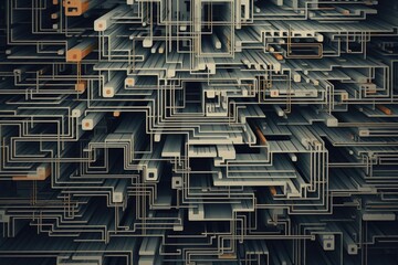 A complex network of pipes connected together for the purpose of transporting and distributing fluids, Geometric patterns illustrating advanced algorithmic processes, AI Generated