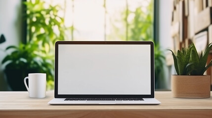 Laptop computer with blank screen on desk in modern home or office interior mock up 
