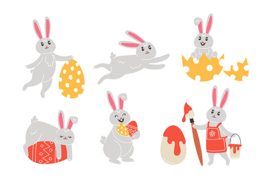 Set of Easter bunnies and painted eggs in cartoon style