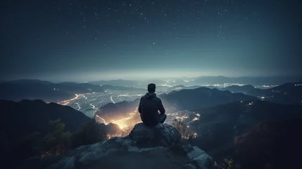 Foto op Plexiglas Man sitting on a cliff at night, looking at the glowing lights of a big city in the valley. Person meditating on the mountain in solitude and observing busy life of a modern metropolis. © Studio Light & Shade