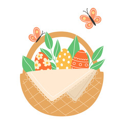 Easter illustration with butterflies and painted eggs in a wicker basket for the holiday in a cartoon style