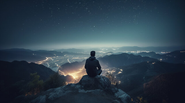 Man sitting on a cliff at night, looking at the glowing lights of a big city in the valley. Person meditating on the mountain in solitude and observing busy life of a modern metropolis.