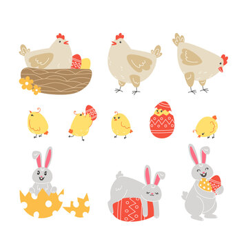 Set of elements with chickens, painted eggs and Easter bunnies in cartoon style