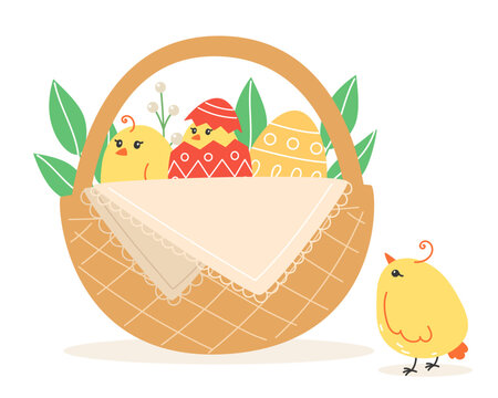 Easter illustration with chickens and painted eggs in a wicker basket for the holiday in a cartoon style