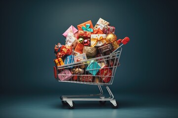 A shopping cart overflows with a delightful assortment of various types of candy, ready to satisfy any sweet tooth, Gifts snugly encased in wrapping paper, packed in a shopping trolley, AI Generated