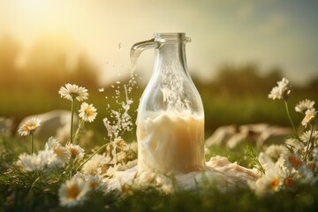 A bottle of milk sits among a lush field of daisies, offering a picturesque scene of natures simplicity, Glass milk bottle filling with fresh organic milk, AI Generated