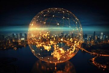 An image of a sphere featuring a prominent city in the background, providing a captivating urban landscape, Globe encased in a glowing network of communication signals, AI Generated