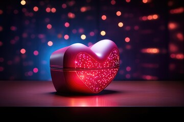 A heart shaped box sits atop a table, offering possibilities as a romantic gift or a stylish decorative storage container, Glowing, heart-shaped Valentine's Day gift box, AI Generated