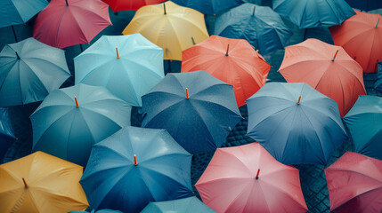 Many colorful umbrellas seen top down during downpour of rain