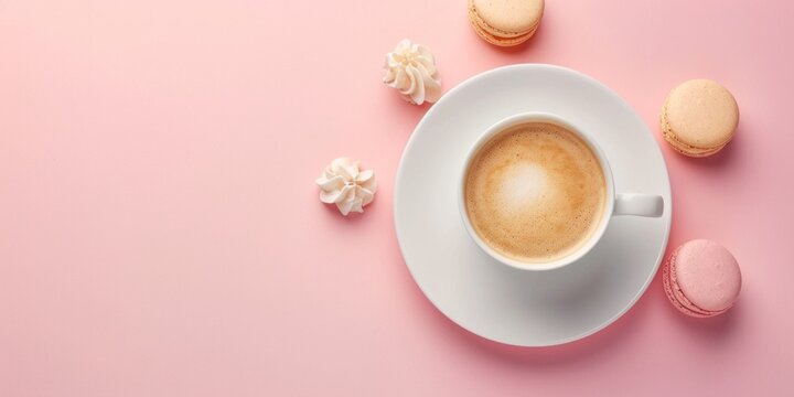 Top view of cup of coffee with macaron on pink background. Minimalist concept of food.
