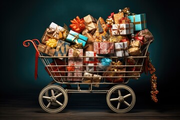 A shopping cart overflowing with numerous presents, ready to be gifted for any and every occasion, Gorged cart with presents, showcasing a variety of wrapping styles, AI Generated
