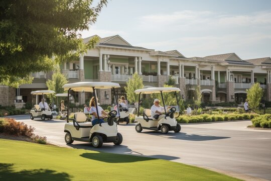 A Lively Group Of People Having Fun As They Ride Golf Carts Together Down A Street, Golf Carts Driving Through An Upscale Retirement Community, AI Generated