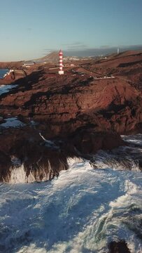 North of Gran Canaria, aerial view. Sardina de G&aacute;ldar lighthouse in Gran Canaria, recorded in vertical 4k