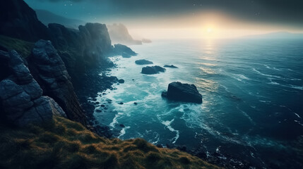 View over misty stormy ocean and rocky cliffs at sunset. Dark and beautiful austere seascape....