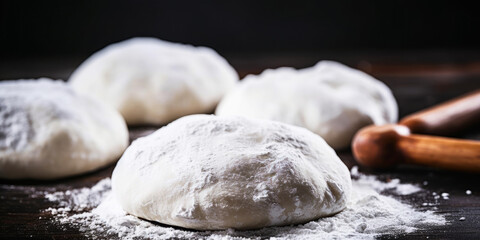 Fototapeta na wymiar Fresh dough on a board with ears of wheat and rolling pin.