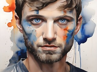 Watercolor painting of a blue eyes man with paint smeared on her face. Generative AI