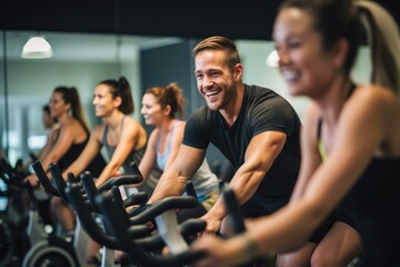 Fototapeta na wymiar A lively group of individuals riding stationary bikes at a fitness center, Group of people participating in a spinning class, AI Generated