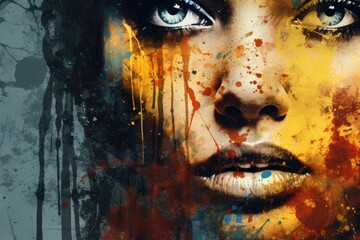 A stunning painting of a woman with captivating blue eyes, Grungy, splattered paint effect, AI Generated