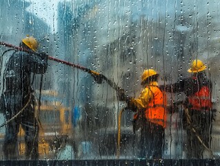 abstract background with a view of workers outside a wet rainy window