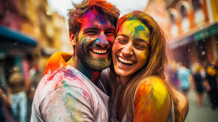 Obraz na płótnie Canvas Couple covered with colorful Holi powder hugging joyfully at Holi festival
