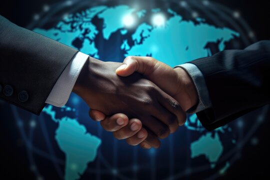A photo of two individuals shaking hands in front of a world map, Handshake symbolizing international business partnership, AI Generated