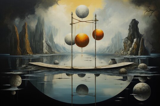 A captivating painting featuring a dreamlike landscape filled with floating balls, Harmonious collision of achromatic colors in the creation of balance, AI Generated