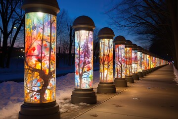 Row of colorful illuminated lanterns along a snowy path at night creating a warm glow