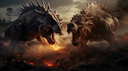 T. rex and Triceratops in battle depiction - obrazy, fototapety, plakaty