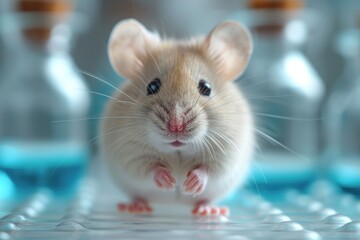 A cute mouse with fluffy fur and inquisitive features in the laboratory, showing off her small and adorable personality.
