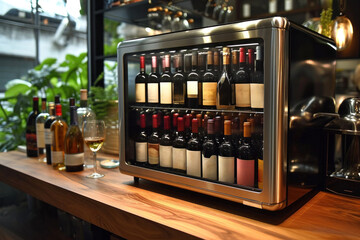 A variety of alcoholic beverages, including whiskey, gin, rum and brandy, are neatly displayed in the wine cooler. - obrazy, fototapety, plakaty