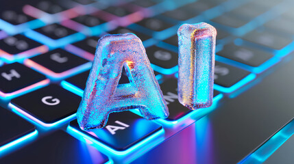 The letters 'AI' as frozen ice cubes on a keyboard, with reflections of light