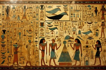 Egyptian Painting With Symbols, An Ancient Artwork Depicting Egypts Iconic Imagery, Hieroglyphics depictions on an Egyptian tomb telling elaborate narratives, AI Generated