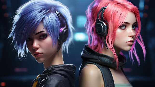 Futuristic girl anime style cyberpunk colored hair AI generated image