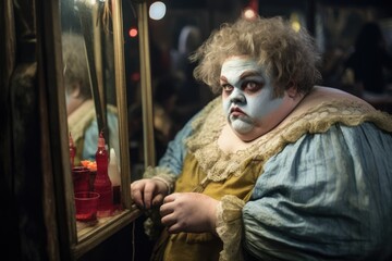 Obraz premium A fat artist in a suit delicately applies makeup looking in the mirror before performing in a theater