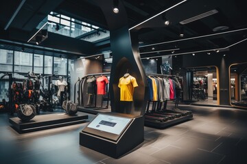 Experience a store overflowing with a diverse selection of clothing options, catering to every taste and need, High end fitness wear in a modern gym setting, AI Generated - obrazy, fototapety, plakaty
