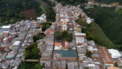 Betulia, Antioquia - Colombia. December 27, 2023. Aerial drone panorama of the municipality,...