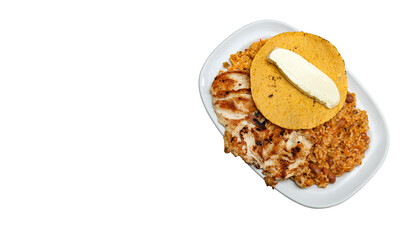 Traditional Colombian breakfast - Grilled chicken, arepa, cheese, fried egg and reheated beans with rice