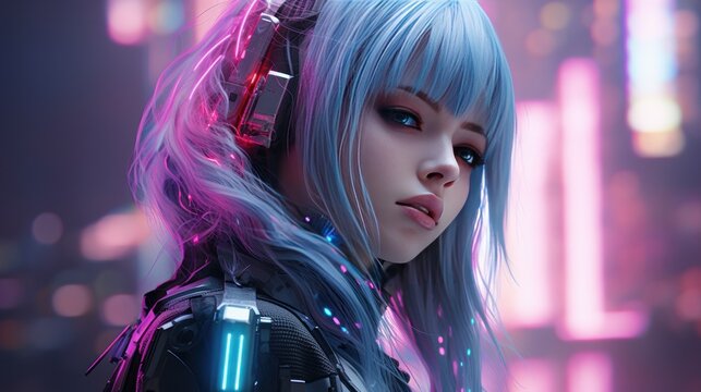 Futuristic girl anime style cyberpunk colored hair AI generated image