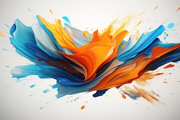 A captivating and dynamic explosion of colors expressed through an abstract painting on a clean white backdrop, Illustrate a dynamic explosion of orange and blue colors in abstract art, AI Generated